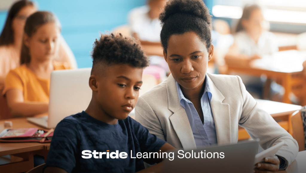 A woman and a child seated at a table, engaged in learning, with the text "Stride Learning Solutions" displayed prominently.