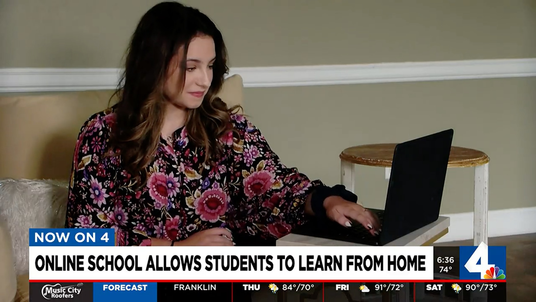 Student on the news with flowers on her blouse