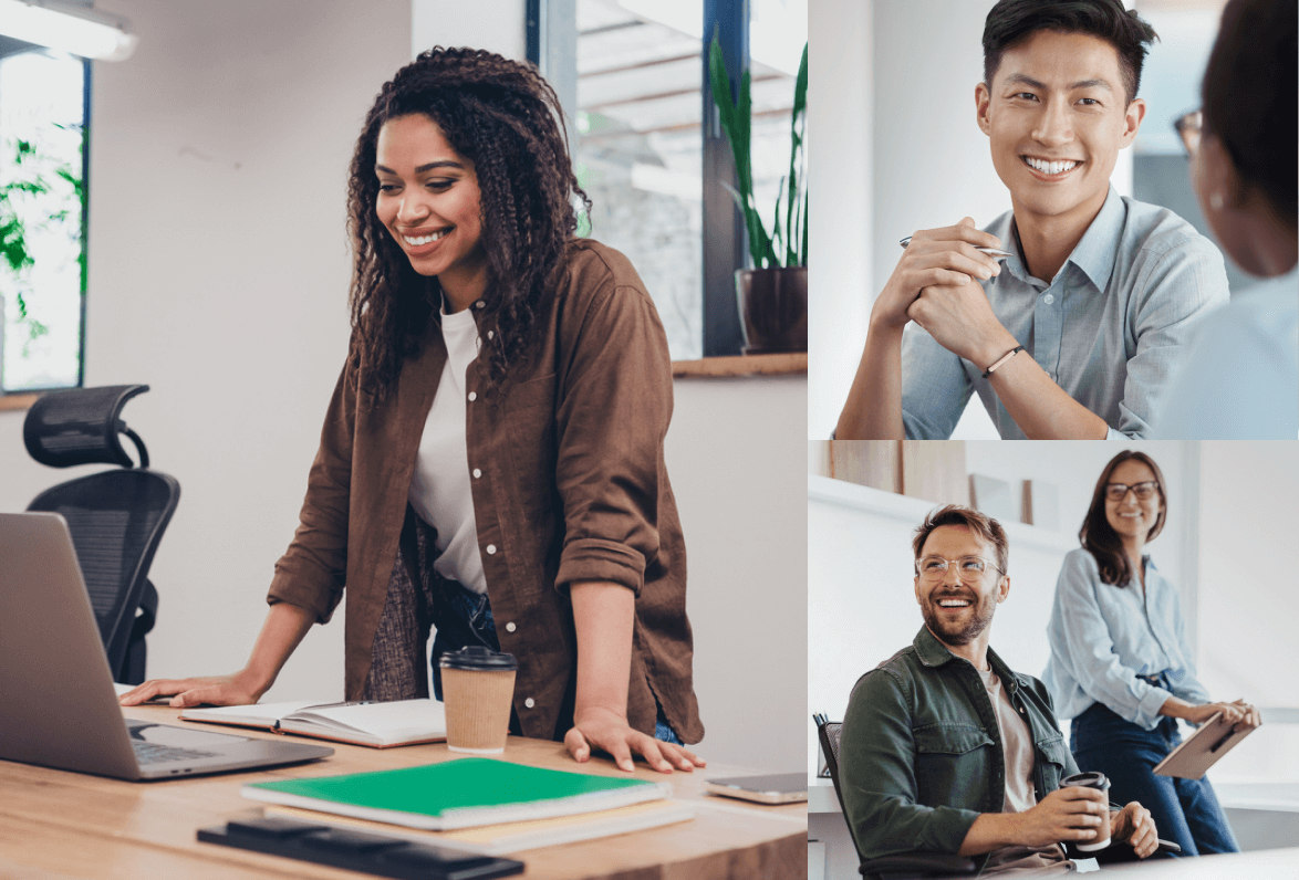 Two images show diverse, smiling professionals collaborating in an office. The main image features a woman working on a laptop, conveying a positive work environment.