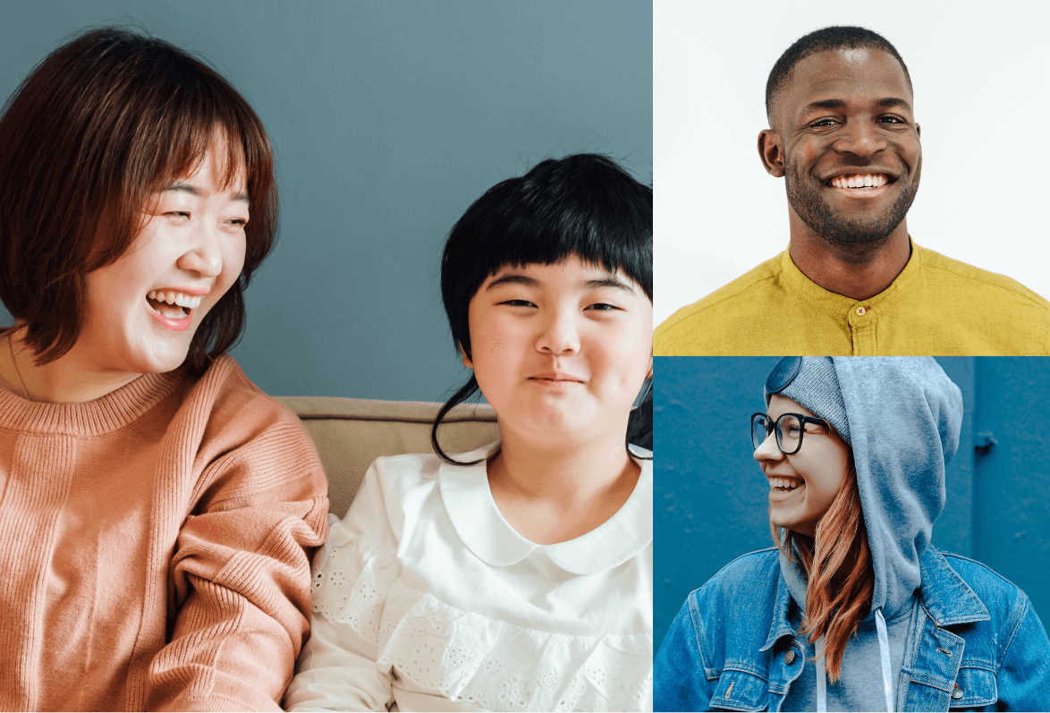A collage showing three smiling individuals: a woman and a young girl in warm tones on the left, and two adults, one in yellow and one in denim, on the right.