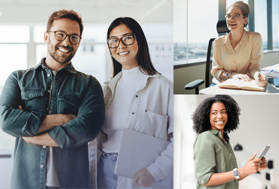 A collage of three images. Left: two smiling people with glasses, conveying teamwork. Top-right: a person laughing at a desk, suggesting joy. Bottom-right: a person holding a tablet, smiling confidently.