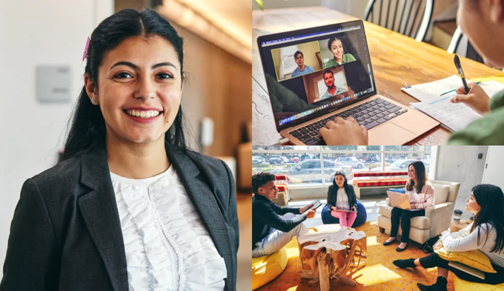 A smiling woman in a blazer stands confidently. Beside her, coworkers engage in a video call and an in-person meeting in a bright office space.