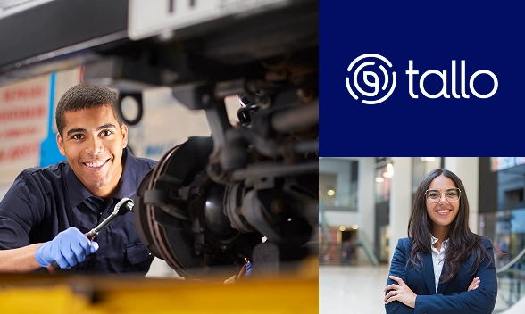 Split image: left, smiling mechanic working on a vehicle; right, confident business professional with crossed arms; top-right, "Tallo" logo on blue background.