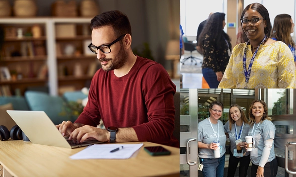 Man in red sweater working on laptop at a wooden desk, while three smiling women hold coffee cups near a glass door, and another woman in a yellow blouse stands in an office setting.