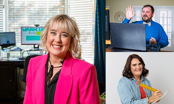 Three people in separate settings. Left: Woman in a bright pink blazer smiles, standing near a desk with a screen. Top right: Man in blue waves during a video call. Bottom right: Woman in a denim shirt holds a pencil and paper, smiling warmly.