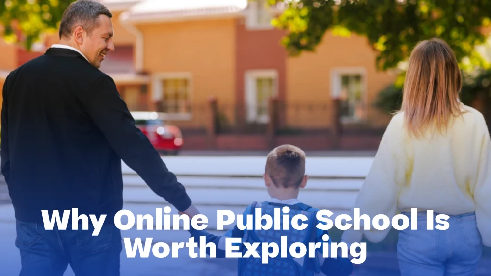 Two adults and a child walking together outdoors in a residential neighborhood, with the text 'Why Online Public School Is Worth Exploring' displayed across the image.